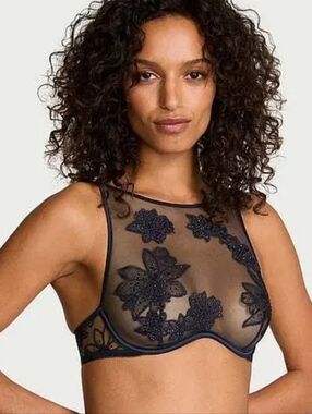 Sheer Floral Embroidered High-Neck Bralette - Navy Midnight Blue
